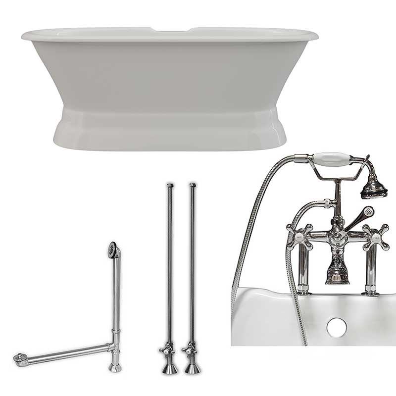 Cambridge Plumbing 66 Inch Cast Iron Dual Ended Pedestal Bathtub with Deckmount faucet drillings Complete plumbing package in Polished Chrome