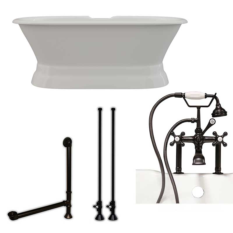 Cambridge Plumbing 66 Inch Cast Iron Dual Ended Pedestal Bathtub with Deckmount faucet drillings Complete plumbing package in Oil Rubbed Bronze