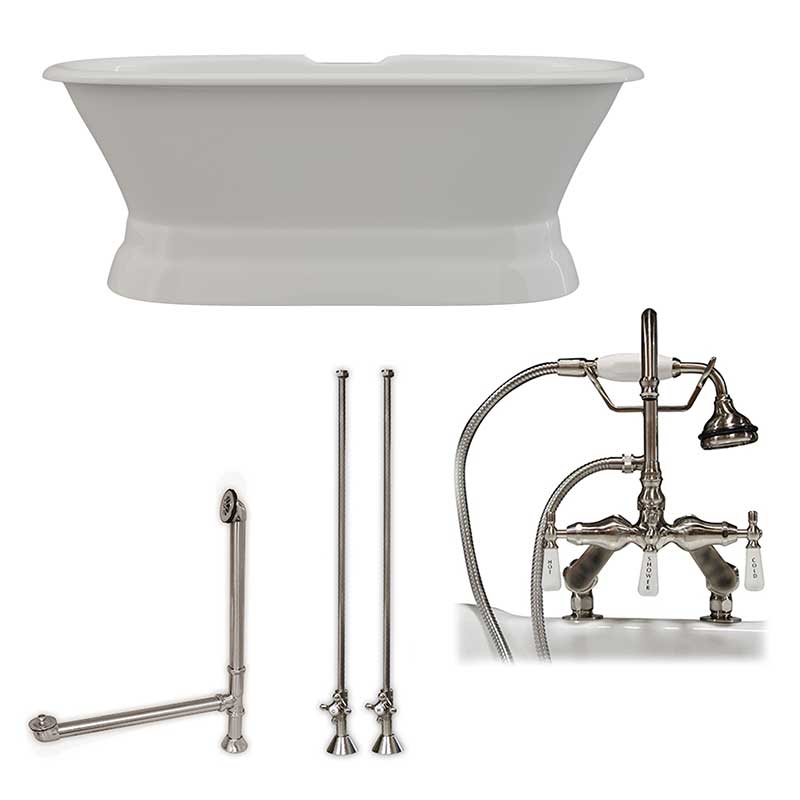Cambridge Plumbing 66 Inch Cast Iron Dual Ended Pedestal Bathtub with Deckmount faucet drillings Complete plumbing package in Brushed Nickel