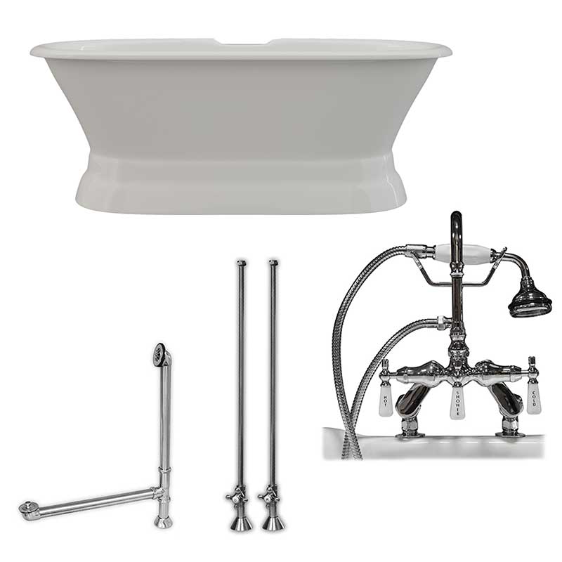 Cambridge Plumbing 66 Inch Cast Iron Dual Ended Pedestal Bathtub with Deckmount faucet drillings Complete plumbing package in Polished Chrome