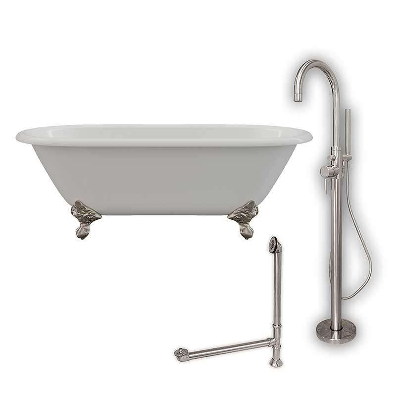 Cambridge Plumbing Cast Iron Double Ended Clawfoot Tub 67" X 30" with no Faucet Drillings and Complete Brushed Nickel Modern Freestanding Tub Filler with Hand Held Shower Assembly Plumbing Package