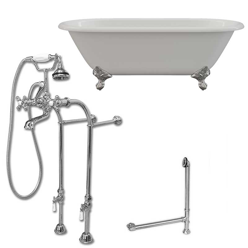 Cambridge Plumbing Cast Iron Double Ended Clawfoot Tub 67" X 30" with No Faucet Drillings and Complete Polished Chrome Plumbing Package