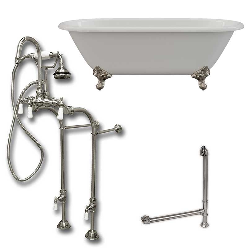 Cambridge Plumbing Cast Iron Double Ended Clawfoot Tub 67" X 30" with no Faucet Drillings and Complete Brushed Nickel Free Standing English Telephone Style Faucet with Hand Held Shower Assembly Plumbing Package