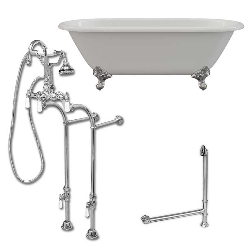 Cambridge Plumbing Cast Iron Double Ended Clawfoot Tub 67" X 30" with no Faucet Drillings and Complete Polished Chrome Free Standing English Telephone Style Faucet with Hand Held Shower Assembly Plumbing Package