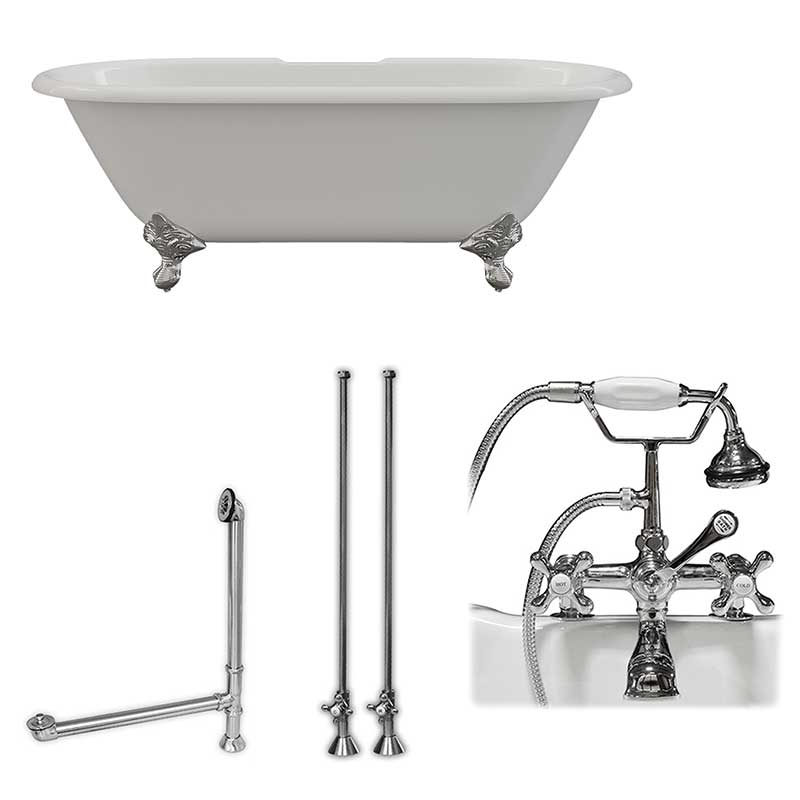 Cambridge Plumbing Cast Iron Double Ended Clawfoot Tub 67" X 30" 7" Deck Mount Faucet Drillings and Complete Polished Chrome Plumbing Package