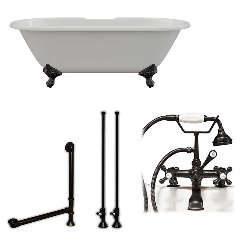 Cambridge Plumbing Cast Iron Double Ended Clawfoot Tub 67" X 30" 7" Deck Mount Faucet Drillings and Complete Oil Rubbed Bronze Plumbing Package
