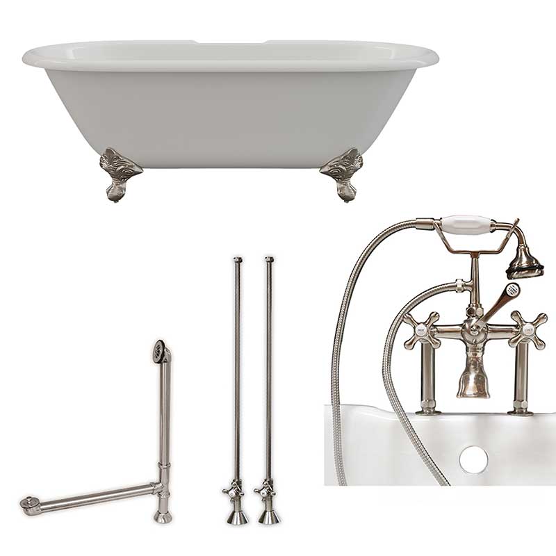 Cambridge Plumbing Cast Iron Double Ended Clawfoot Tub 67" X 30" with 7" Deck Mount Faucet Drillings and Complete Brushed Nickel Plumbing Package With Six Inch Deck Mount Risers