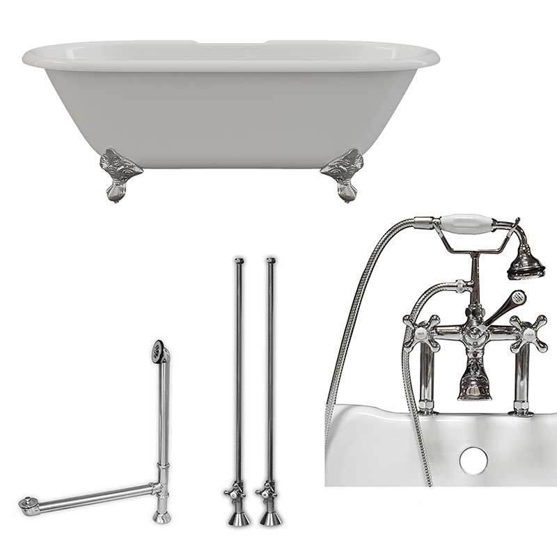 Cambridge Plumbing Cast Iron Double Ended Clawfoot Tub 67" X 30" with 7" Deck Mount Faucet Drillings and Complete Polished Chrome Plumbing Package With Six Inch Deck Mount Risers