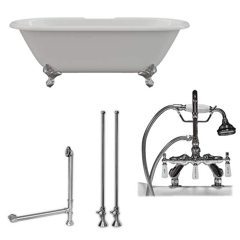 Cambridge Plumbing Cast Iron Double Ended Clawfoot Tub 67" X 30" with 7" Deck Mount Faucet Drillings and English Telephone Style Faucet Complete Polished Chrome Plumbing Package