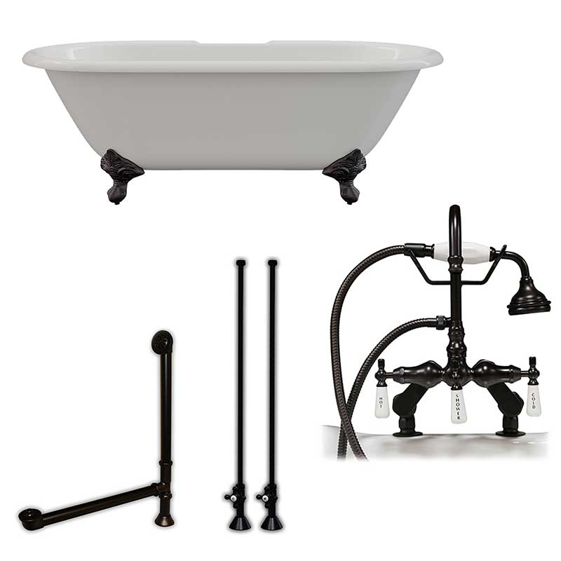 Cambridge Plumbing Cast Iron Double Ended Clawfoot Tub 67" X 30" with 7" Deck Mount Faucet Drillings and English Telephone Style Faucet Complete Brushed Nickel Plumbing Package
