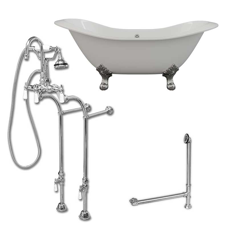 Cambridge Plumbing Cast Iron Double Ended Slipper Tub 71" X 30" with no Faucet Drillings and Complete Polished Chrome Free Standing English Telephone Style Faucet with Hand Held Shower Assembly Plumbing Package