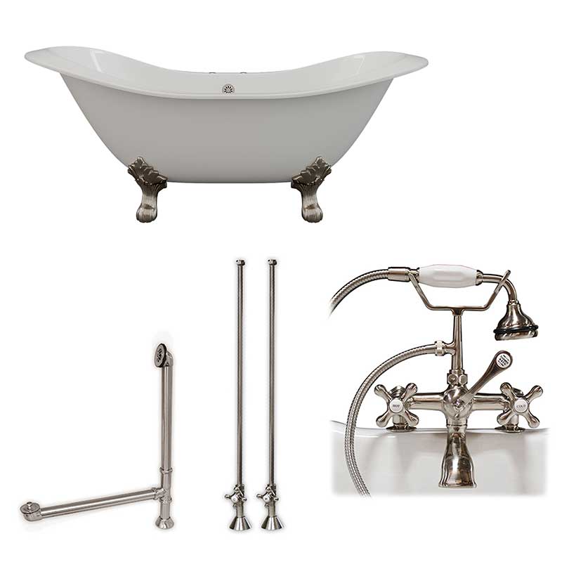 Cambridge Plumbing Cast Iron Double Ended Slipper Tub 71" X 30" with 7" Deck Mount Faucet Drillings and Complete Brushed Nickel Plumbing Package