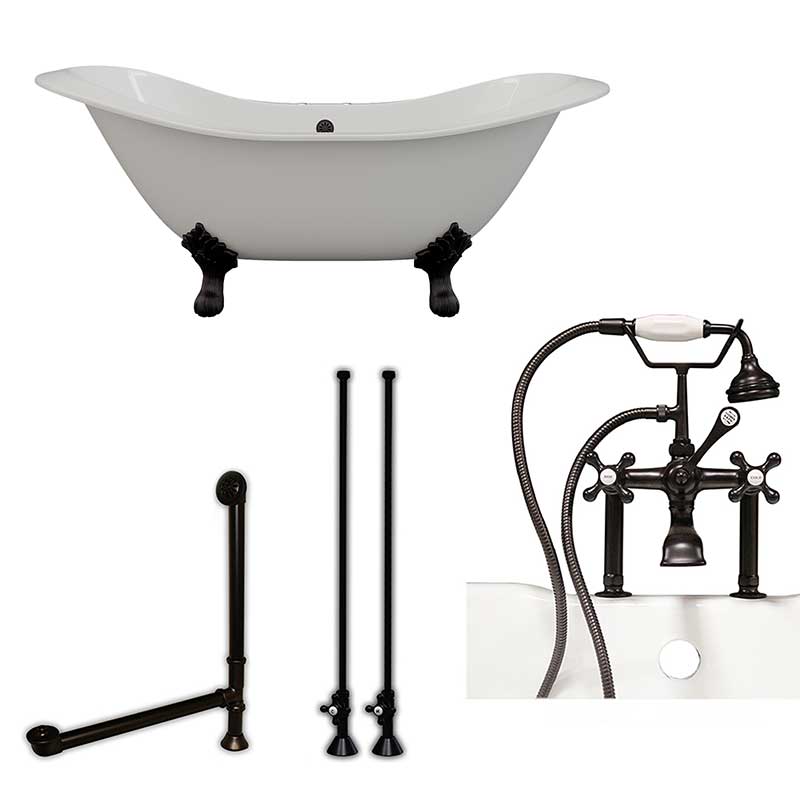 Cambridge Plumbing Cast Iron Double Ended Slipper Tub 71" X 30" with 7" Deck Mount Faucet Drillings and British Telephone Style Faucet Complete Oil Rubbed Bronze Plumbing Package With Six Inch Deck Mount Risers