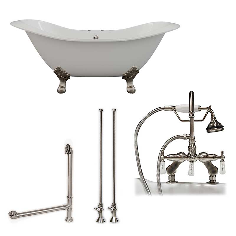 Cambridge Plumbing Cast Iron Double Ended Slipper Tub 71" X 30" with 7" Deck Mount Faucet Drillings and English Telephone Style Faucet Complete Brushed Nickel Plumbing Package