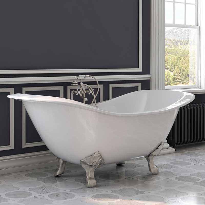 Cambridge Plumbing Cast Iron Double Ended Slipper Tub 71" X 30" with 7" Deck Mount Faucet Drillings and Brushed Nickel Feet Feet