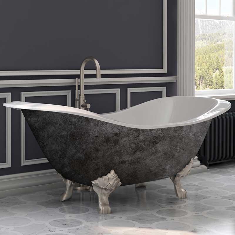 Cambridge Plumbing Scorched Platinum 71” Cast Iron Double Slipper Tub, Brushed Nickel Lion’s Paw Feet, No Faucet Holes