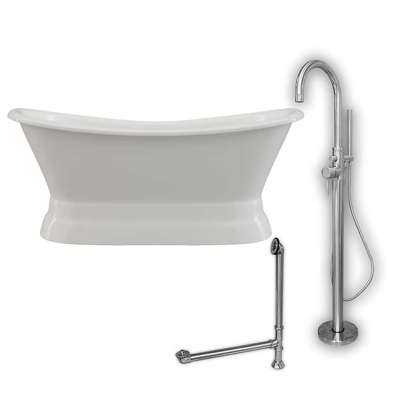 Cambridge Plumbing Cast Iron Double Ended Slipper Tub 71" X 30" with no Faucet Drillings and Complete Polished Chrome Modern Freestanding Tub Filler with Hand Held Shower Assembly Plumbing Package