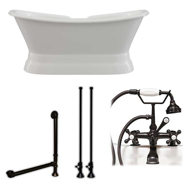 Cambridge Plumbing Cast Iron Double Ended Slipper Tub 71" X 30" with 7" Deck Mount Faucet Drillings and Complete Oil Rubbed Bronze Plumbing Package