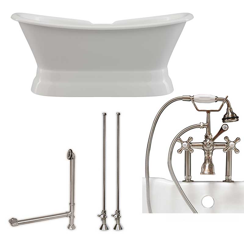 Cambridge Plumbing Cast Iron Double Ended Slipper Tub 71" X 30" with 7" Deck Mount Faucet Drillings and British Telephone Style Faucet Complete Brushed Nickel Plumbing Package With Six Inch Deck Mount Risers