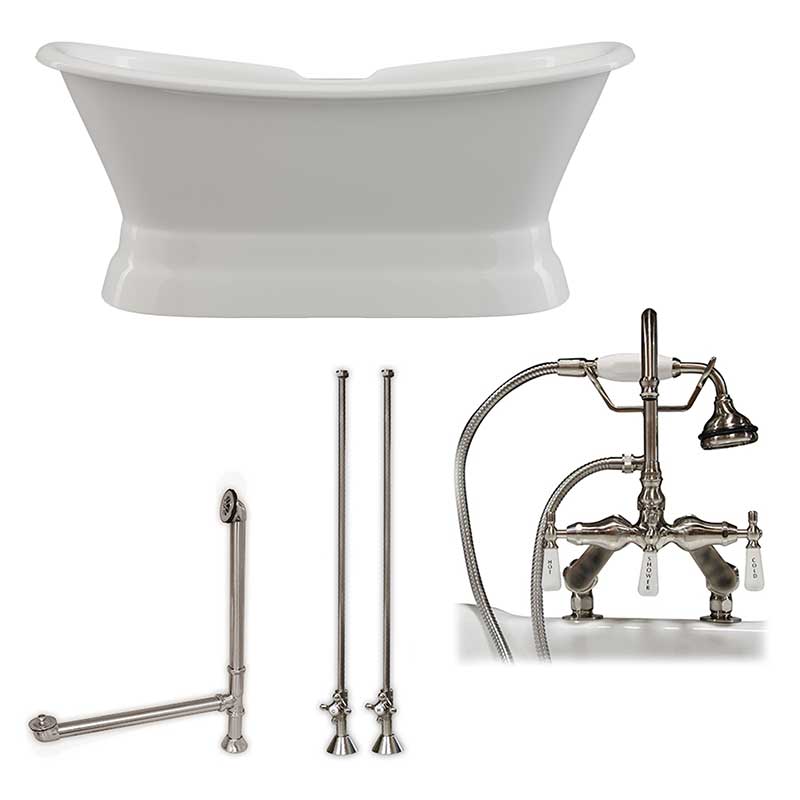 Cambridge Plumbing Cast Iron Double Ended Slipper Tub 71" X 30" with 7" Deck Mount Faucet Drillings and English Telephone Style Faucet Complete Brushed Nickel Plumbing Package
