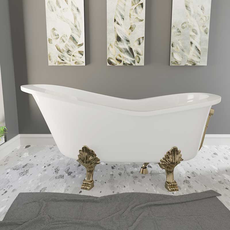 Cambridge Plumbing Dolomite Mineral Composite Clawfoot Slipper Tub with Antique Brass Feet and Drain Assembly 62 x 30