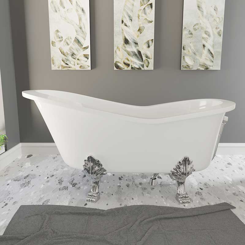 Cambridge Plumbing Dolomite Mineral Composite Clawfoot Slipper Tub with Polished Chrome Feet and Drain Assembly 62 x 30