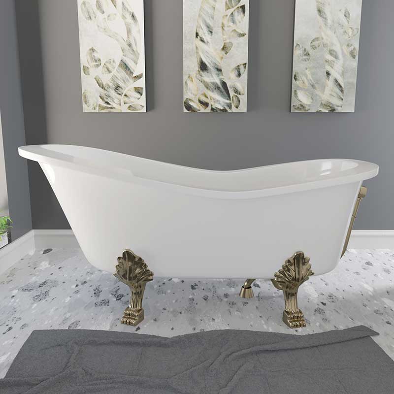 Cambridge Plumbing Dolomite Mineral Composite Clawfoot Slipper Tub with Antique Brass Feet and Drain Assembly 66 x 30