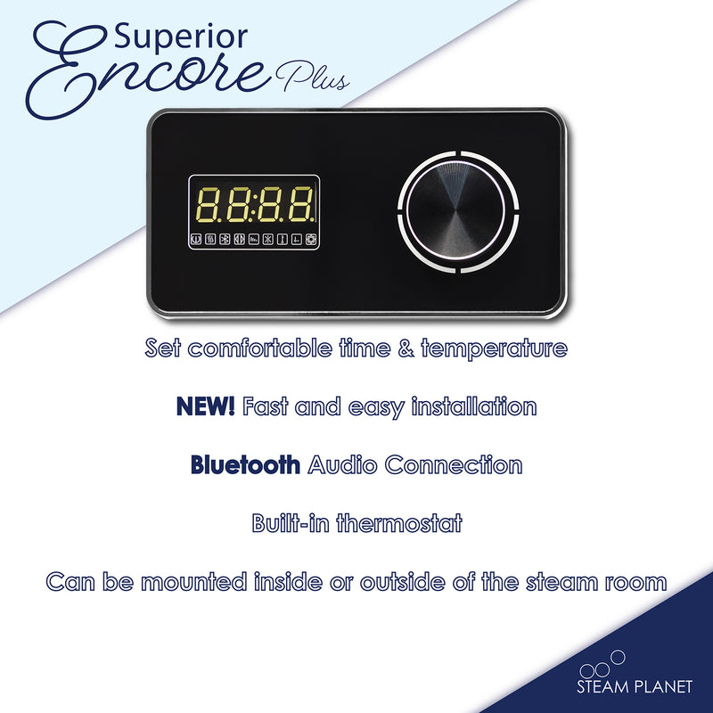 Superior Encore Steam Generator by Steam Planet | Self-Draining Steam Shower Kit | Horizontal Digital Keypad in Black with Built-in Temperature Sensor | Upgraded Keypad Connection Cable|  Aromatherapy Steam Head for Perfect Steam