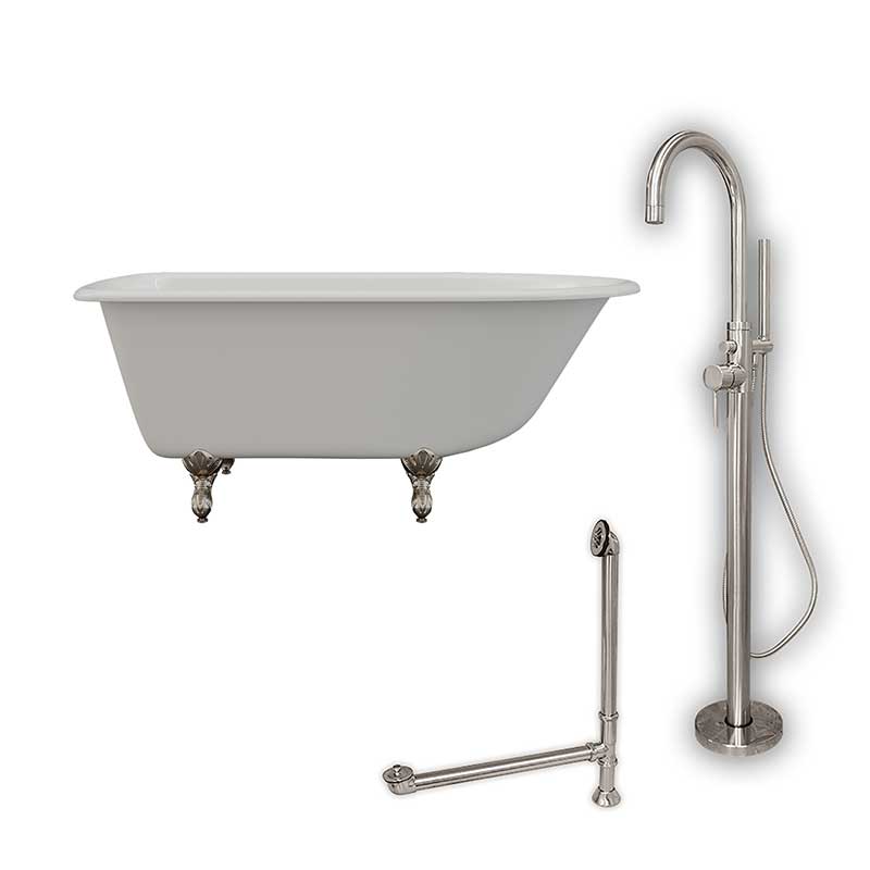 Cambridge Plumbing Cast-Iron Rolled Rim Clawfoot Tub 55" X 30" with no Faucet Drillings and Complete Brushed Nickel Modern Freestanding Tub Filler with Hand Held Shower Assembly Plumbing Package