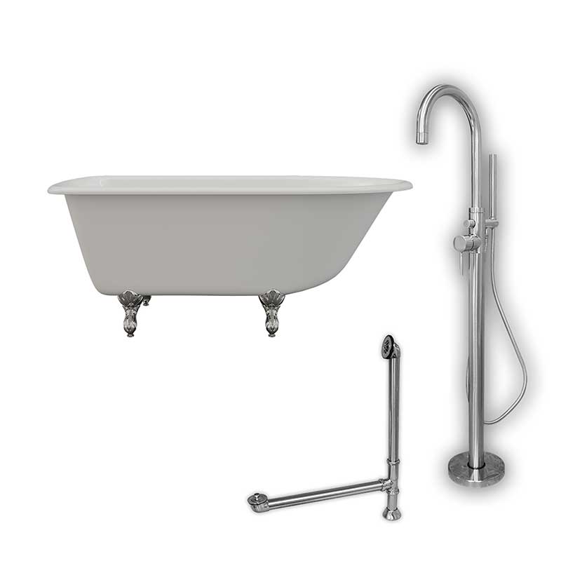 Cambridge Plumbing Cast-Iron Rolled Rim Clawfoot Tub 55" X 30" with no Faucet Drillings and Complete Polished Chrome Modern Freestanding Tub Filler with Hand Held Shower Assembly Plumbing Package