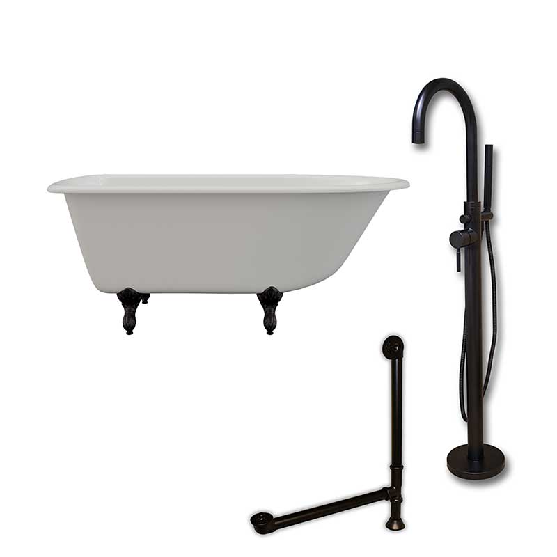 Cambridge Plumbing Cast-Iron Rolled Rim Clawfoot Tub 55" X 30" with no Faucet Drillings and Complete Oil Rubbed Bronze Modern Freestanding Tub Filler with Hand Held Shower Assembly Plumbing Package