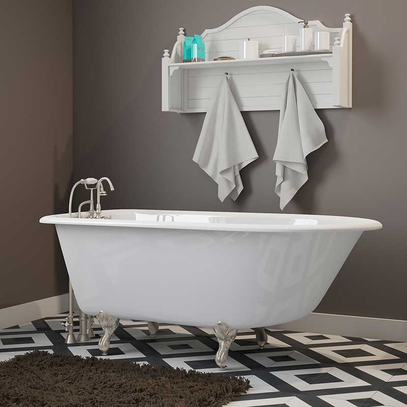 Cambridge Plumbing Cast-Iron Rolled Rim Clawfoot Tub 55" X 30" with 3 3/8" Bathtub Wall Faucet Drillings and Brushed Nickel Feet