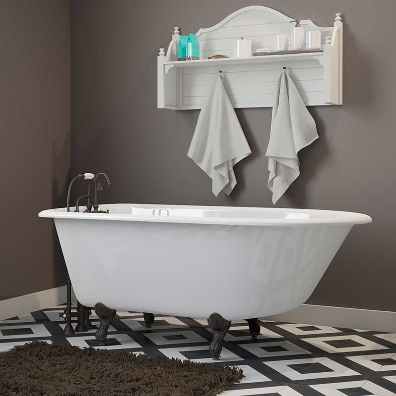 Cambridge Plumbing Cast-Iron Rolled Rim Clawfoot Tub 55" X 30" with 3 3/8" Bathtub Wall Faucet Drillings and Oil Rubbed Bronze Feet