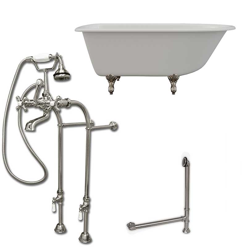 Cambridge Plumbing Cast-Iron Rolled Rim Clawfoot Tub 55" X 30" with complete Free Standing British Telephone Faucet and Hand Held Shower Brushed Nickel Plumbing Package