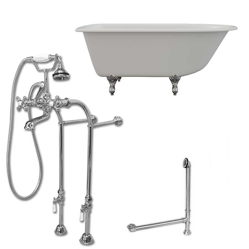 Cambridge Plumbing Cast-Iron Rolled Rim Clawfoot Tub 55" X 30" with complete Free Standing British Telephone Faucet and Hand Held Shower Polished Chrome Plumbing Package