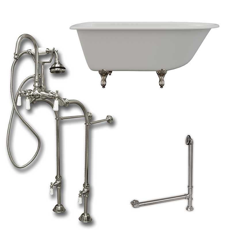 Cambridge Plumbing Cast-Iron Rolled Rim Clawfoot Tub 55" X 30" with no Faucet Drillings and Complete Brushed Nickel Free Standing English Telephone Style Faucet with Hand Held Shower Assembly Plumbing Package