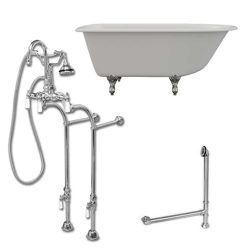 Cambridge Plumbing Cast-Iron Rolled Rim Clawfoot Tub 55" X 30" with no Faucet Drillings and Complete Polished Chrome Free Standing English Telephone Style Faucet with Hand Held Shower Assembly Plumbing Package