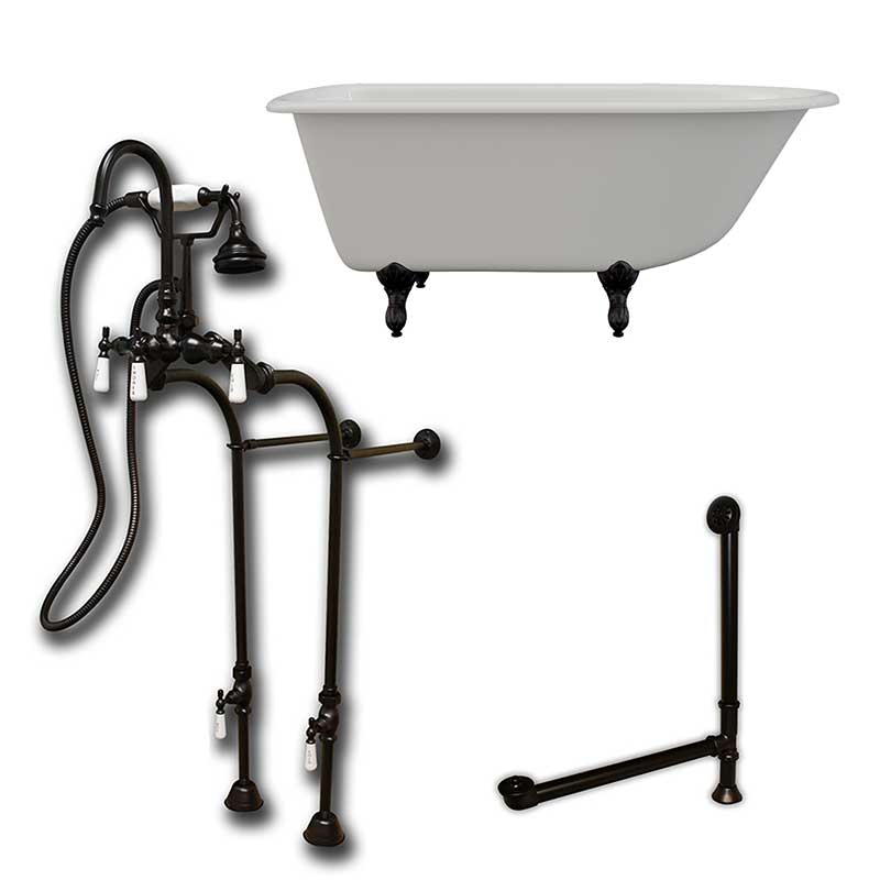 Cambridge Plumbing Cast-Iron Rolled Rim Clawfoot Tub 55" X 30" with no Faucet Drillings and Complete Oil Rubbed Bronze Free Standing English Telephone Style Faucet with Hand Held Shower Assembly Plumbing Package
