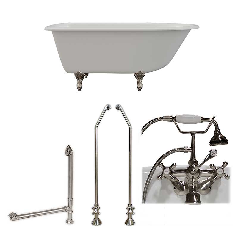 Cambridge Plumbing Cast-Iron Rolled Rim Clawfoot Tub 55" X 30" with 3 3/8" Bathtub Wall Faucet Drillings and British Telephone Style Faucet Complete Brushed Nickel Plumbing Package