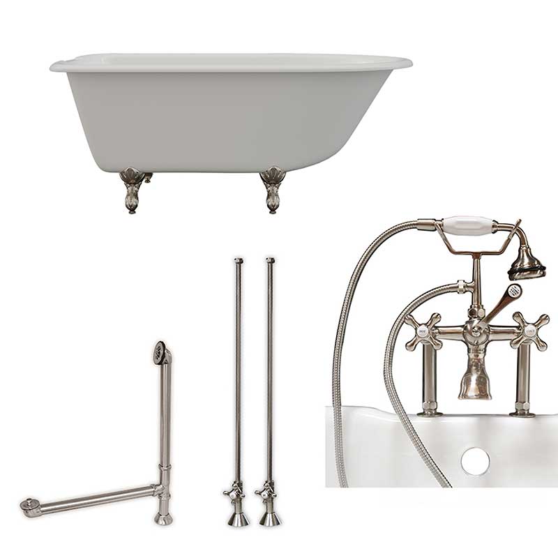 Cambridge Plumbing Cast-Iron Rolled Rim Clawfoot Tub 55" X 30" with 7" Deck Mount Faucet Drillings And British Telephone Faucet Complete Brushed Nickel Plumbing Package With Six Inch Deck Mount Risers