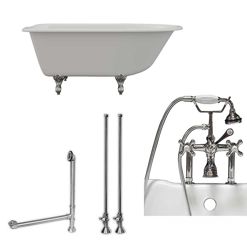 Cambridge Plumbing Cast-Iron Rolled Rim Clawfoot Tub 55" X 30" with 7" Deck Mount Faucet Drillings And British Telephone Complete Polished Chrome Plumbing Package With Six Inch Deck Mount Risers