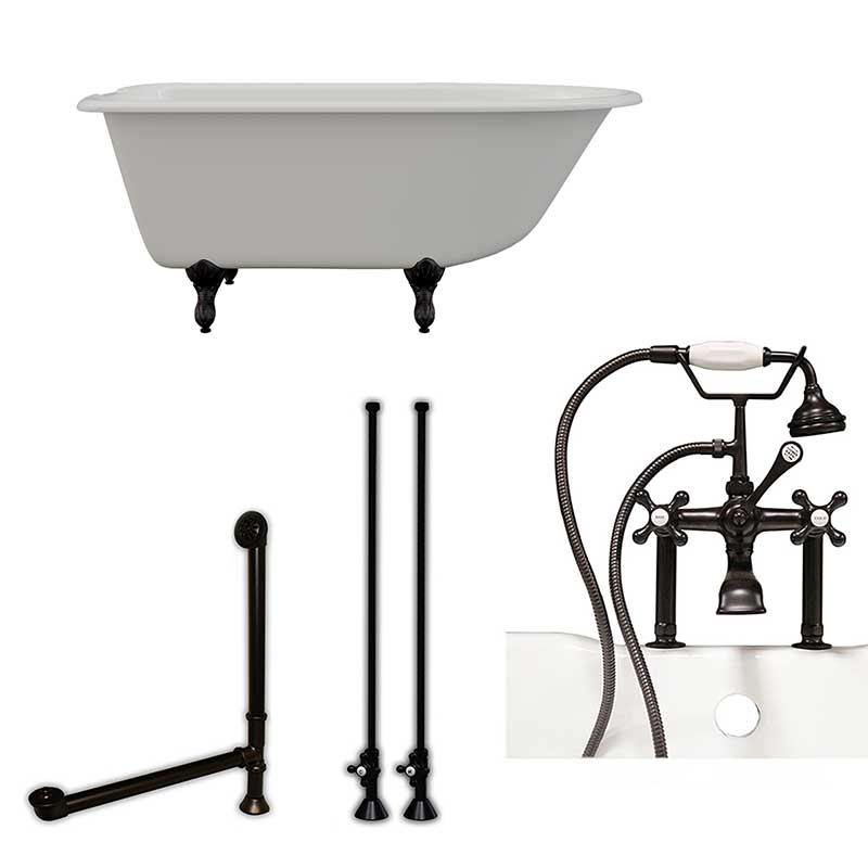 Cambridge Plumbing Cast-Iron Rolled Rim Clawfoot Tub 55" X 30" with 7" Deck Mount Faucet Drillings And British Telephone Style Faucet Complete Oil Rubbed Bronze Plumbing Package With Six Inch Deck Mount Risers