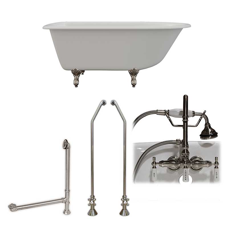 Cambridge Plumbing Cast-Iron Rolled Rim Clawfoot Tub 55" X 30" with 3 3/8" Bathtub Wall Faucet Drillings and English Telephone Style Faucet Complete Brushed Nickel Plumbing Package