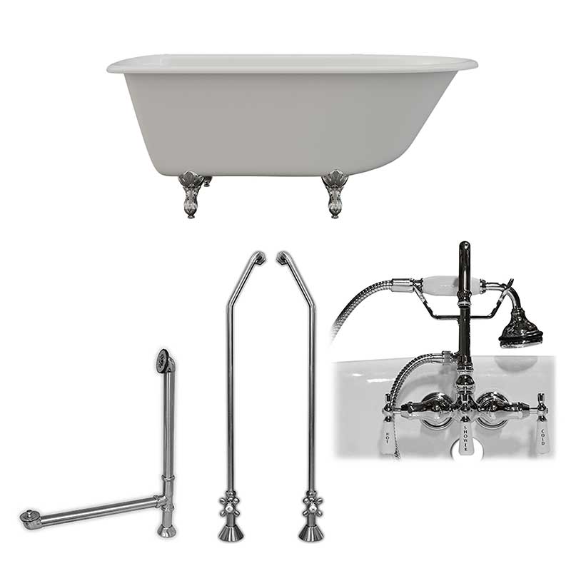 Cambridge Plumbing Cast-Iron Rolled Rim Clawfoot Tub 55" X 30" with 3 3/8" Bathtub Wall Faucet Drillings and English Telephone Style Faucet Complete Polished Chrome Plumbing Package