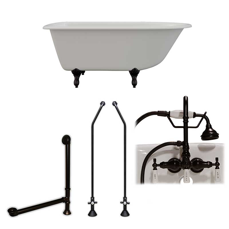 Cambridge Plumbing Cast-Iron Rolled Rim Clawfoot Tub 55" X 30" with 3 3/8"Bathtub Wall Faucet Drillings and English Telephone Style Faucet Complete Oil Rubbed Bronze Plumbing Package