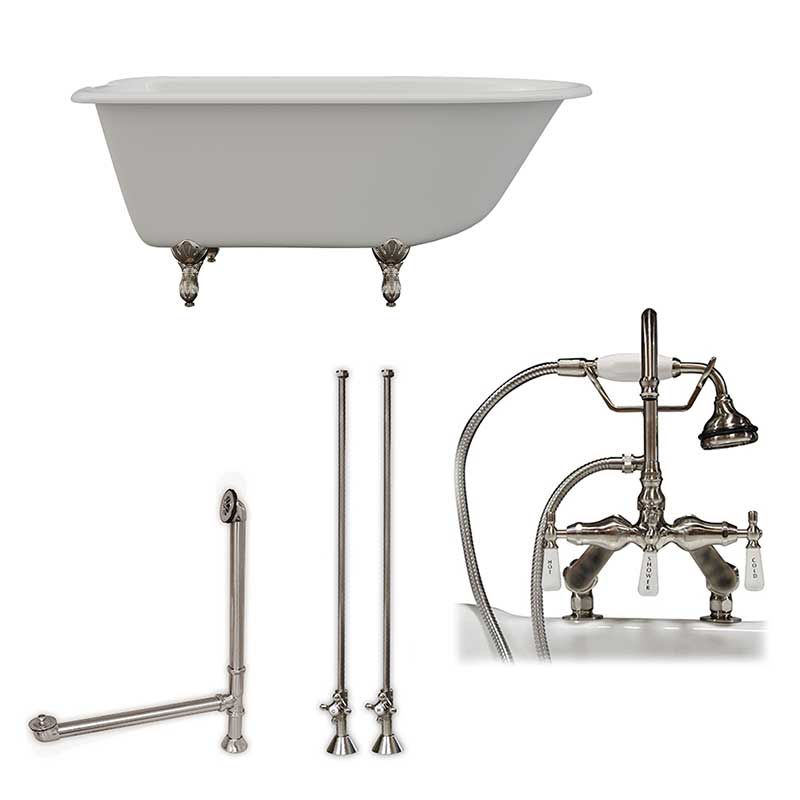 Cambridge Plumbing Cast-Iron Rolled Rim Clawfoot Tub 55" X 30" with 7" Deck Mount Faucet Drillings and English Telephone Style Faucet Complete Brushed Nickel Plumbing Package