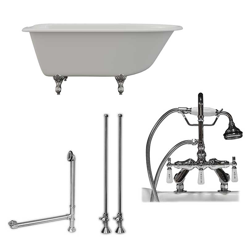 Cambridge Plumbing Cast-Iron Rolled Rim Clawfoot Tub 55" X 30" with 7" Deck Mount Faucet Drillings and English Telephone Style Faucet Complete Polished Chrome Plumbing Package