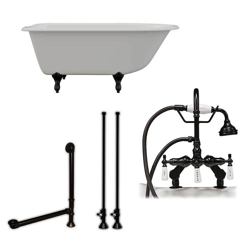 Cambridge Plumbing Cast-Iron Rolled Rim Clawfoot Tub 55" X 30" with 7" Deck Mount Faucet Drillings and English Telephone Style Faucet Complete Oil Rubbed Bronze Plumbing Package