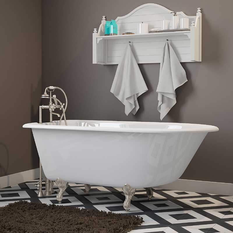 Cambridge Plumbing Cast-Iron Rolled Rim Clawfoot Tub 55" X 30" with 7" Deck Mount Faucet Drillings and Brushed Nickel Feet