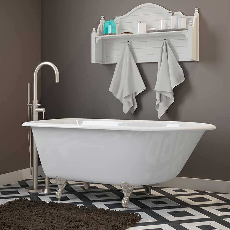 Cambridge Plumbing Cast-Iron Rolled Rim Clawfoot Tub 55" X 30" with No Faucet Drillings and Brushed Nickel Feet